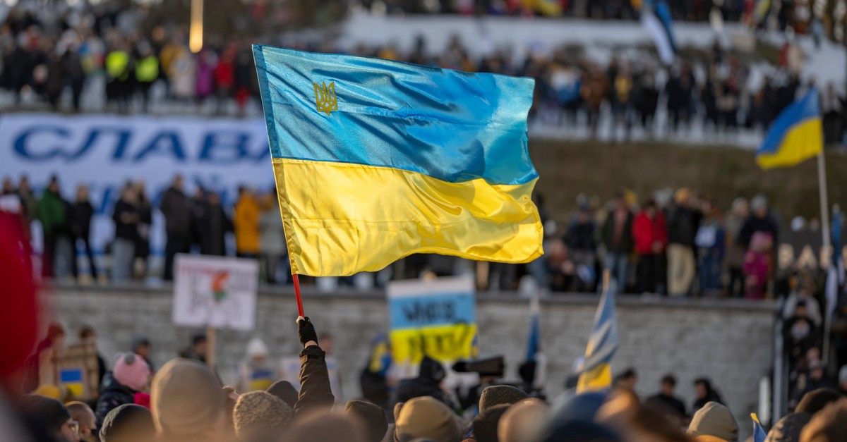 activist or protester holding a Ukrainian flag-img