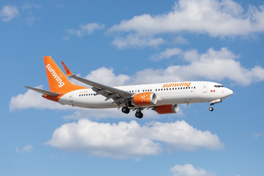 Full view flying left to right of a Sunwing Boeing 737 Max-img