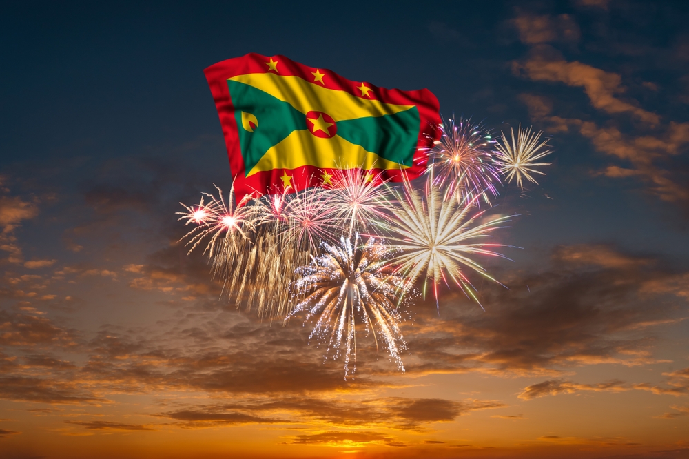 Flag,Of,Grenada,And,Holiday,Fireworks,In,Majestic,Sky,Of
