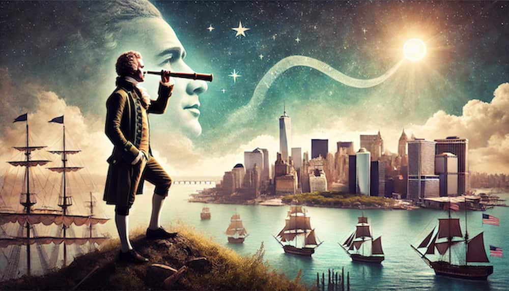 thumbnail_DALL·E 2024-07-11 20.21.36 - An imaginative and symbolic image of Alexander Hamilton standing on a hill overlooking Lower Manhattan. Hamilton is portrayed in a contemplative pose,