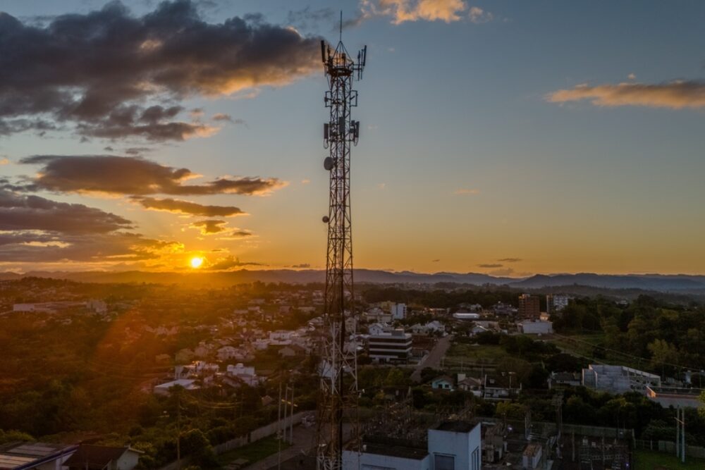 Aerial,View,Of,A,Cell,Tower,With,A,Beautiful,Sky
