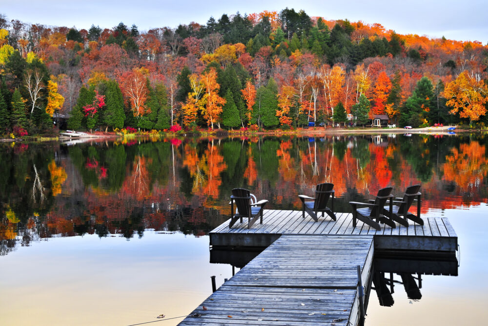Wooden,Dock,With,Chairs,On,Calm,Fall,Lake Wooden,Dock,With,Chairs,On,Calm,Fall,Lake